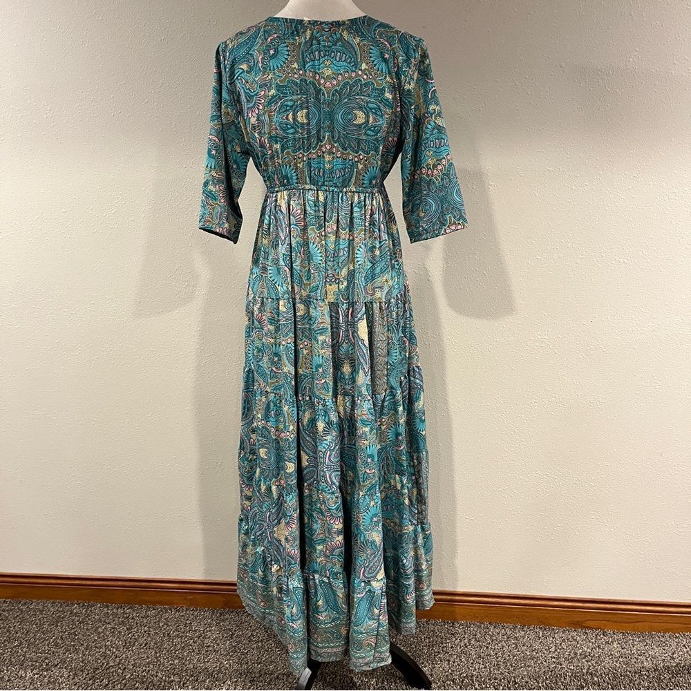 Boemo Anthropologie Turquoise Paisley Bohemian Peasant Maxi Boho Dress s‎ medium - Picture 6 of 12